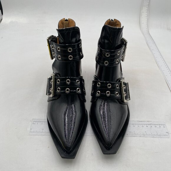 FOWT Black Pointed Toe Chelsea Chunky Heel Ankle Boot Hollow Cut Strappy Shoes - Picture 3 of 8